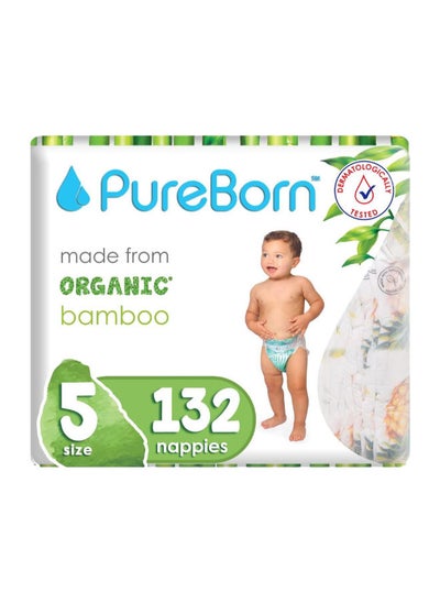 اشتري Pureborn Organic Natural Bamboo Baby Disposable Size 5 Diapers Nappy 11 to 18 Kg 132 Pcs Assorted Print Super Soft Maximum Leakage Protection New Born Essentials Eco Friendly Pack of 6(22 X 6) في الامارات