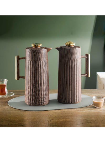 Buy Petros Vacuum Flask Set Tea And Coffee 2 pieces 1Liter and 1Liter Wooden/Golden in Saudi Arabia