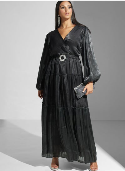 Buy Surplice Neck Belted Plisse Dress in UAE