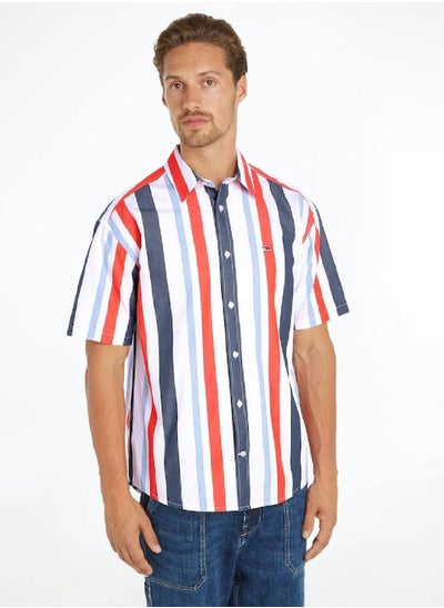 Buy Men's Multicolour Stripe Relaxed Short Sleeve Shirt -  Pure cotton, White in UAE