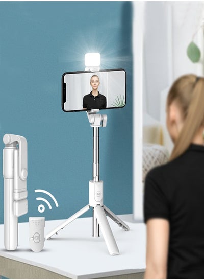 اشتري 27.5 inch Mini Selfie Stick, Extendable Phone Tripod with Wireless Remote, LED Fill Lights, Stable and Firm Travel Tripod, for Selfies, Video, Compatible with iPhone & Android Devices -White في الامارات