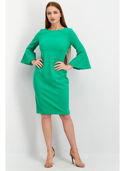 اشتري Women Round Neck Bell Sleeve Solid Midi Dress, Green في الامارات