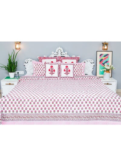 Buy Pink Organic Pure Cotton Hand Block Printed Bed Sheet And Pillow Covers in UAE