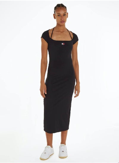 Buy Women's Tommy Badge Bodycon Ribbed Midi Dress -  Stretch recycled polyester, Black in Saudi Arabia