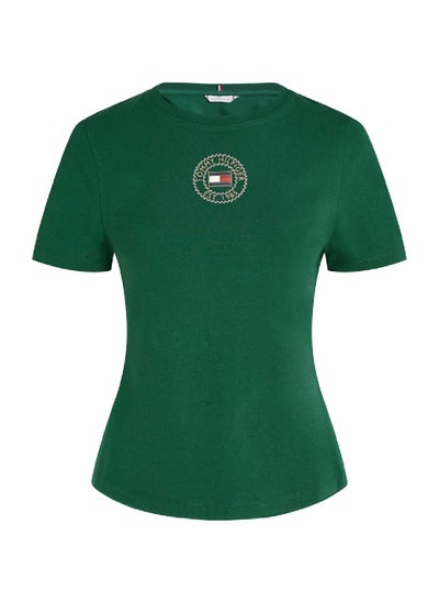 Buy Women's Stamp Logo Slim T-Shirt, Green - Cotton in UAE