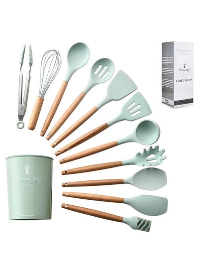 Buy Silicone Cooking Kitchen 12PCS Wooden Utensils Tool for Nonstick Cookware, Set with Bamboo Wood Handles Cookware Non-Toxic Turner Tongs Spatula Spoon Green BD-AMZ-14 in UAE