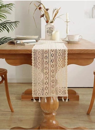 اشتري 1-Piece Cutout Hollow Lace Tablecloth Fringed Table Runner for Coffee Table Dining Table TV Cabinet Tablecloth Beige White 180 x 35 Centimeter في الامارات