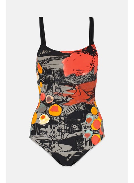 اشتري Women One Piece Textured Swimwear, Black and Orange في السعودية