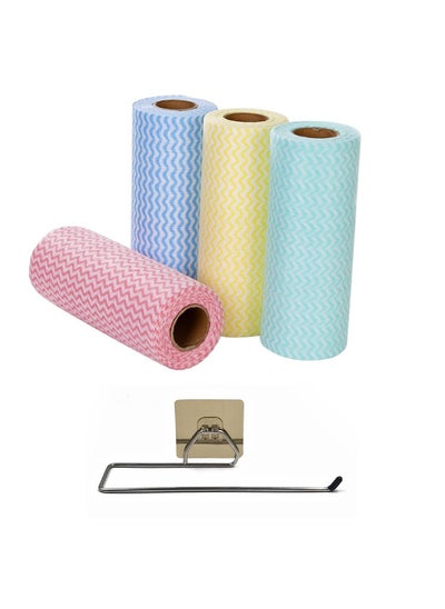 Buy Disposable Reusable Kitchen Rolls,House Cleaning Rags ,Scouring Pads,Dish Towels (4 Rolls+1Hook) in UAE