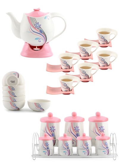 Buy Fine Porcelain Tea set Include Tea Cups set with Saucer & Tea Pot With Warmer & Canister Set With Stand & Bowls- Elegant Flower Design- Dishwasher Safe- For Breakfast in UAE