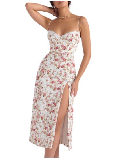 Buy women's dresses Flower Print Beige Bodycon sleeveless in UAE