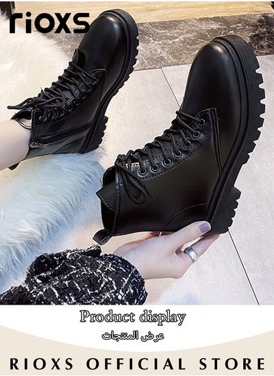 Buy Women's Fashion Ankle Boots Casual Side Zipper Lace Up Round Toe Low Heel Booties Shoes in UAE