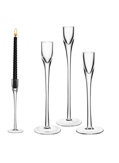 Buy Glass Candlestick Holders Set of 3, Clear Tall Taper Candle Stick Holders, Decorative for Wedding, Party, Festival Table Centerpieces in UAE