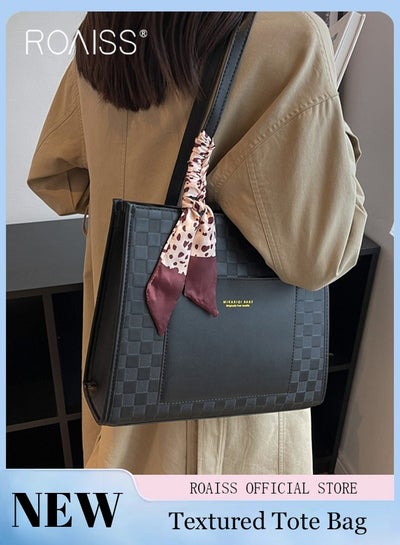 Buy Women Leather Two Tone Tote Bag Ladies Geometric & Letter Embossed Twilly Scarf Decor Shoulder Tote Bag Women's Large Capacity Commuter Shoulder Bag in Saudi Arabia