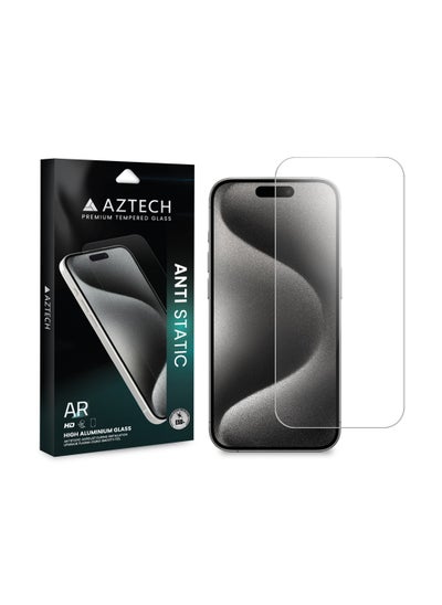 Buy AZTECH Premium Clear Tempered Glass for iPhone 15, Anti Static,High Aluminium Glass, AR translucency process, Bare hand feel, Fingerprint, oil and stain resistance and Smooth touch, including free cleaning wipes for making it easy to clean and apply. in UAE