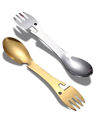 اشتري 2 قطعة من الفولاذ المقاوم للصدأ Spork ، أواني التخييم مع ملعقة سكين شوكة زجاجة فتاحة 5 في 1 أطباق متعددة الوظائف (فضي مصقول وذهبي) في مصر