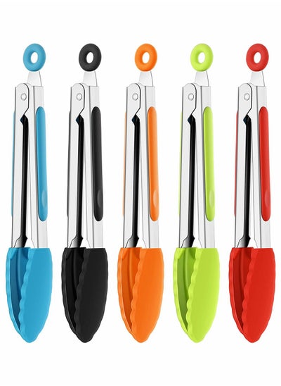 Buy 7 Inch Silicone Tongs, Mini Kitchen Tongs With Silicone Tips Small Serving Tongs Stainless Steel Cooking Tongs For Salad, Grilling, Frying And Cooking (Black, Red, Blue, Orange, Green, 5 PCS) in UAE