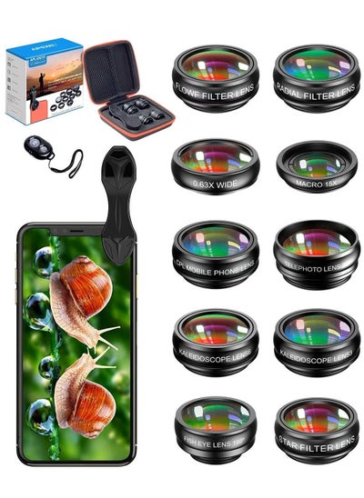 Buy Apexel Phone Camera Lens-Macro Lens+Wide Lens+Fisheye Lens+Telephoto Lens+CPL/Flow/Radial/Star Filter+Kaleidoscope 3/6 Lens 10 in 1 Lens Kit +Remote Shutter for iPhone, Samsung,LG and Most Smartphones in Saudi Arabia