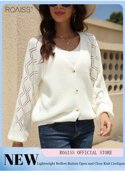 اشتري Women's Casual Knitting Cardigan Solid Color Bubble Sleeve Slouchy Knit Classic V-Neck Button Open Loose Cardigan في الامارات