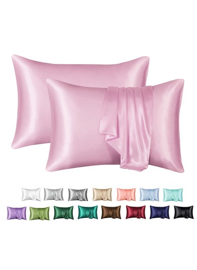 اشتري 2-Piece Simple Solid Colour Silk Satin Pillow Case with Envelope Closure for Hair and Skin Pink 51x76/51x102cm في الامارات