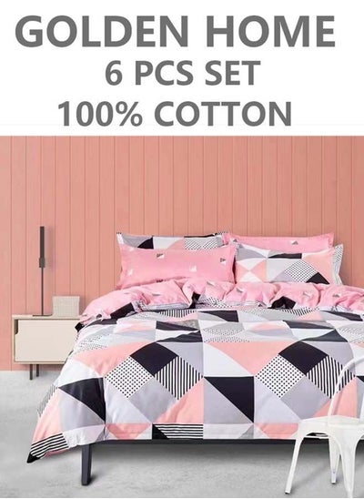 Buy 6-Piece Printed Combination King Size Duvet Cover Set  Includes 1xFitted Bedsheet 200x200+30cm, 1xDuvet Cover 220x240 cm, 2xPillowcase 55x80cm, 2xCushion Case 45x70cm Cotton in UAE