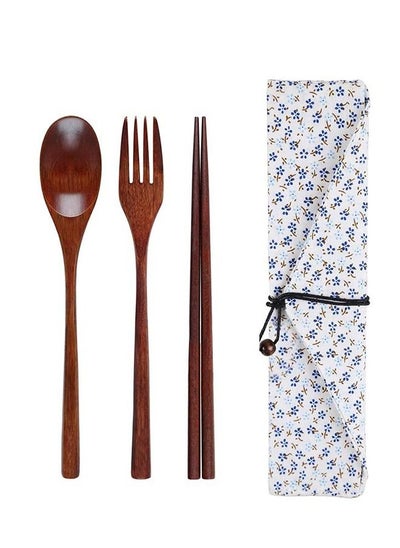 Buy Wooden Fork Spoon Three-piece Suit Travel Portable Tableware Nice Dinnerware in UAE