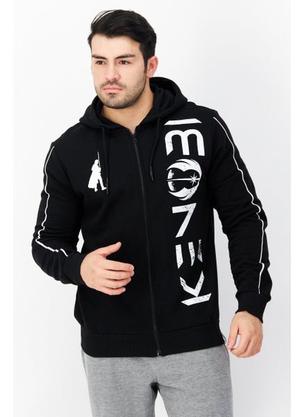 Buy Men Hood With Drawstring Graphic Print Long Sleeve Sweatshirt, Black/White in UAE