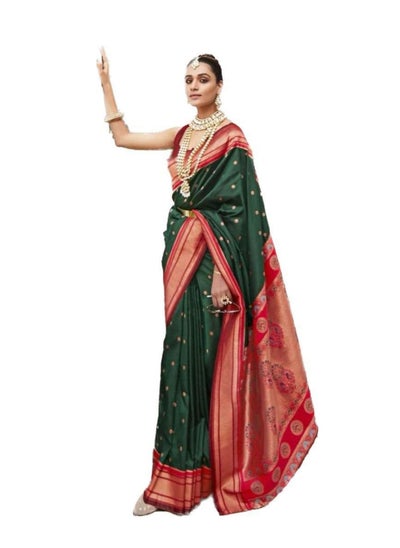 اشتري Green Silk Saree With Red Border Plus Contrast Silk Unstitched Blouse في الامارات