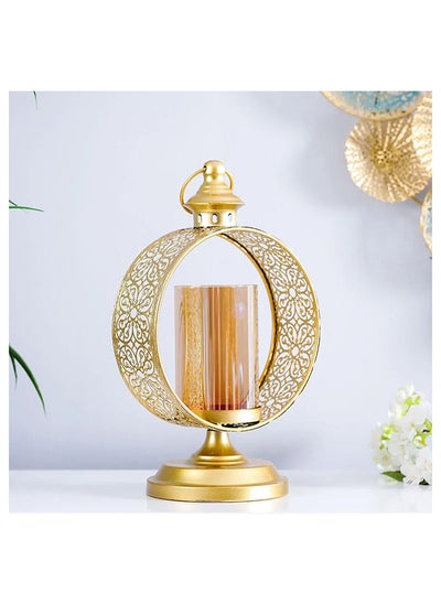 اشتري Medalion Metal Candle Holder With Glass Cover Decorative Candle Holder for Home Decor And Special Occasions L23XW16XH38Cm في الامارات