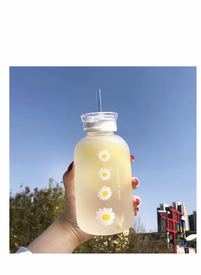 Buy Cute Water Bottle,  480ml Milk Juice Cute Water Bottle with Scale 2 Lids Little daisy Matte Portable Transparent Water Cup Grass Bottles Creative Handy Cup for Boy and Girls (Matte 4 flower) in UAE