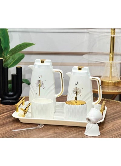 Buy Thermos set for Tea and Coffee with Serving sauce, Sugar Packet and Attractive Tea box 5 pieces, gold/white in Saudi Arabia