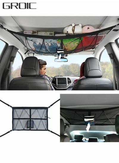 Buy Car Ceiling Cargo Net Pocket with Upgrad Double Head Zipper and Tissue Pouch, Adjustable Car SUV Roof Net Storage Bag Long Trip Organizers Storage Net with 4 Hooks in Saudi Arabia