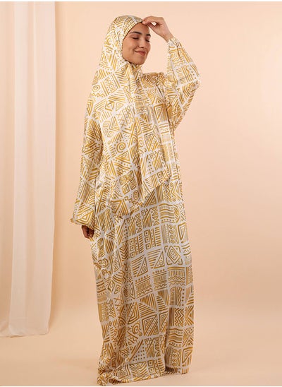 اشتري Printed Satin Isdal Off White - Yellow For Women في مصر