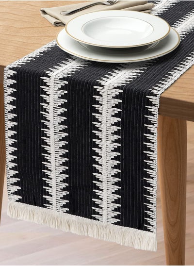 Buy Black and White Burlap Table Runner, 30x180 CM, Natural Cotton with Tassels for Modern Farmhouse Wedding and Dining Decor in UAE