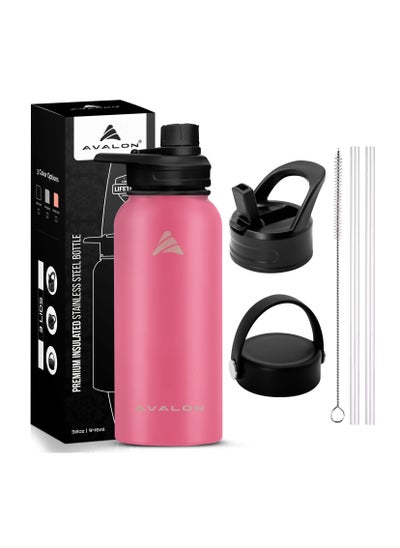 Buy Avalon stainless steel water bottle with straw - 1 liter thermos flask for hot & cold drinks , 1l vacuum insulated metal bottle for kids , gym , sports , travel , camping bottles for coffee & tea in UAE