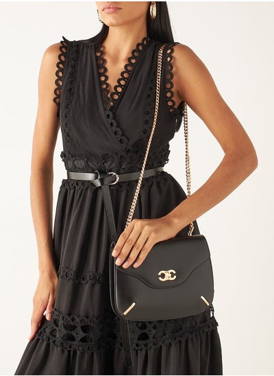 Buy Solid Crossbody Bag with Chain Strap and Flap Closure in Saudi Arabia