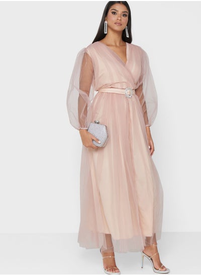 Buy Surplice Neck Mesh Plisse Belted Dress in UAE