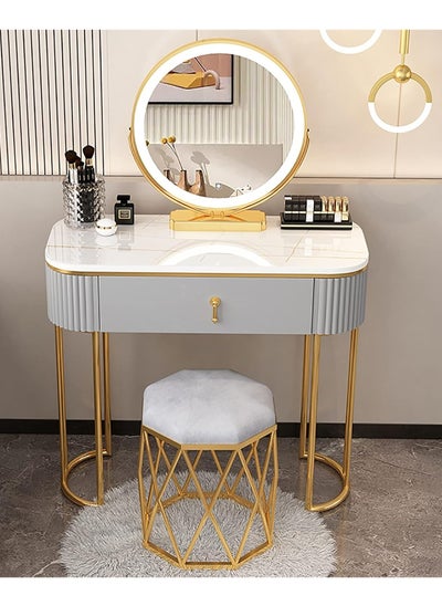 Buy Lighted Mirror Dressing Table Bedroom Makeup Table with Drawer - Gold Makeup Vanity Mirror and Stool in UAE