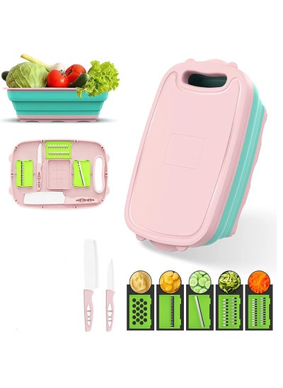 Buy 9 in 1 Collapsible Cutting Board, Multifunctional Chopping Board with 5 Vegetable Cutters and 2 Knives, Foldable Chopping for Kitchen, Camping and Picnic (Pink) in Saudi Arabia