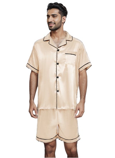 Buy Men's Classic Silk Satin Pajama Set Short Sleeve Sleepwear Button Loungewear with short Pants |yellow in Saudi Arabia