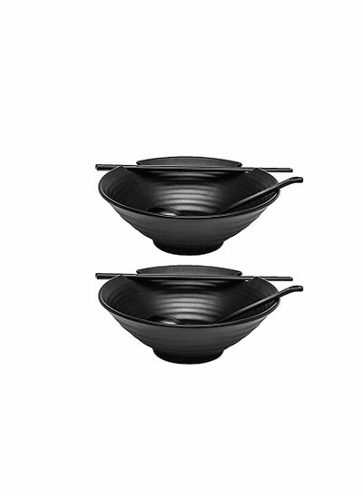 اشتري 2 Sets of Ramen Bowl (Black Melamine),6pcs,37oz Soup Bowls with Chopsticks and Spoons Set for Ramen,Pho,Noodles,Asian Dishes في الامارات