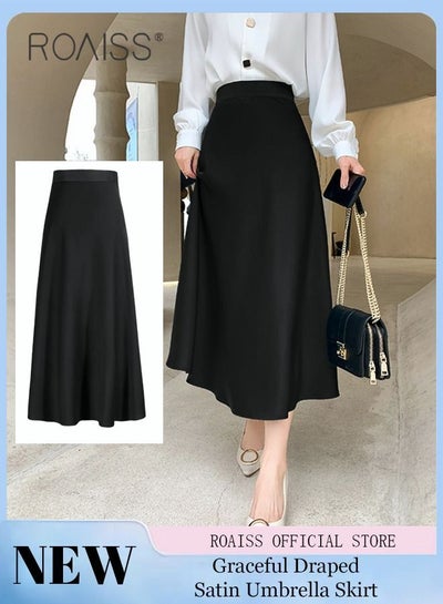 Buy Women's Skirt Solid Color Mid-Length High Waist Slimming Satin A-Line Skirt in Saudi Arabia