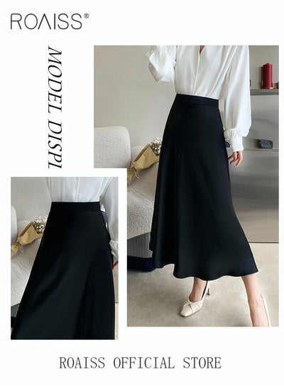 Buy Women's Skirt Solid Color Mid-Length High Waist Slimming Satin A-Line Skirt in UAE