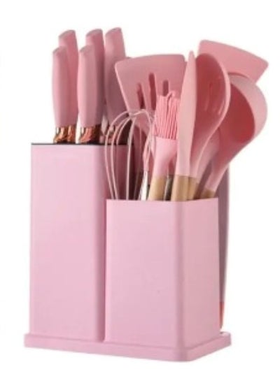 Buy Premium Kitchen Set: 19-Piece Pink Silicone Utensils with Knife, Cutting Board, and Gadgets in UAE