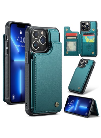 Buy Wallet Case for iPhone 14 Pro Premium Handmade Durable PU Leather Slim Shockproof Case with [Double Magnetic Clasp] [Card Holder] [Kickstand] [RFID Blocking] (Green) in Egypt