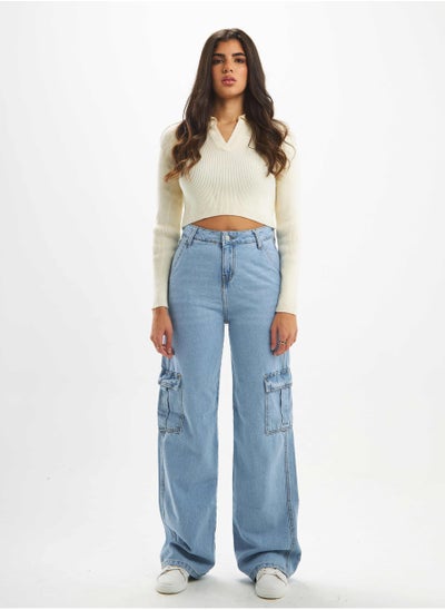 اشتري High-Waist Light Wash Flap Pocket Cargo Jeans. في السعودية