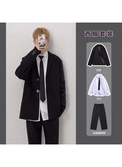 Buy Spring Casual Blazer Men Loose Trendy DK Suit Set Black coat + white shirt + trousers + tie in UAE