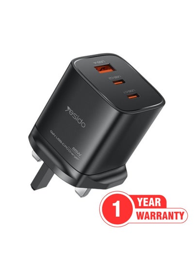 Buy Yesido YC84 65W GaN Fast Charging Wall Charger | Dual Type-C & USB-A Ports with UK Plug | Low-Temperature Multi-Device Charger with Advanced Safety Features in UAE