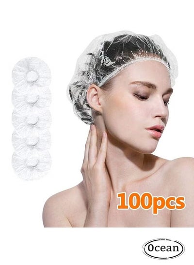 اشتري 100pcs Shower Cap Disposable, Bath Caps Thick Waterproof High Density Elastic Big Hair Caps for Women Men Travel Spa Hotel Hair Solon Home Use High Quality في الامارات