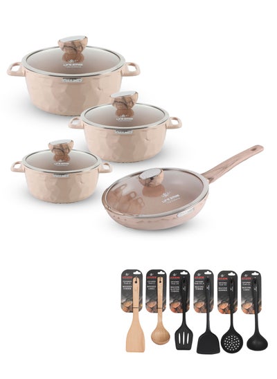 Buy 14Pcs Granite Coated Healthy Cookware Set - Die Cast Aluminum Cooking Casserrole Set Inclued Sauce & Stock Pots, French Frying Pan - Nylon and Wooden Tools in UAE